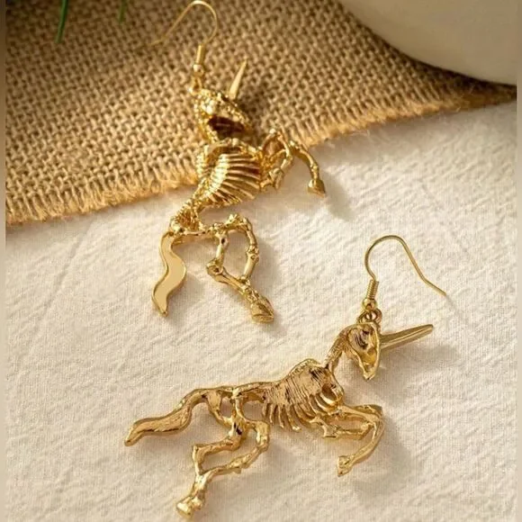 Gothic Skeleton Unicorn Earrings, Gold Tone, Dangling, Engraved detailing NWT - Picture 2 of 3